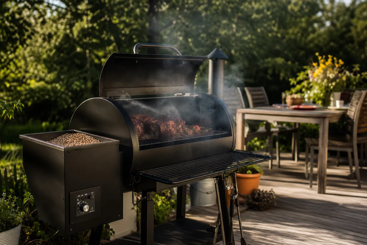 Pelletsmoker med digital kontrollpanel och pelletsbehållare