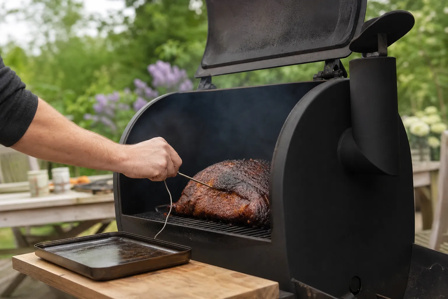 Kött med insticksstermometer rökts indirekt under lock