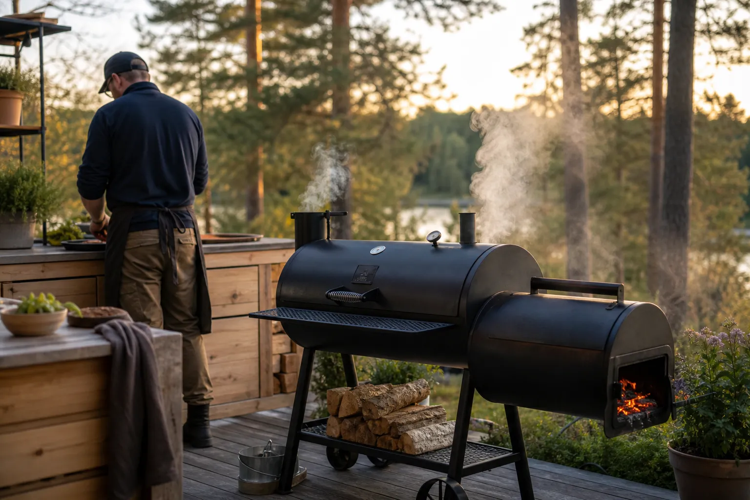 Rökfylld smoker med stängt lock utomhus