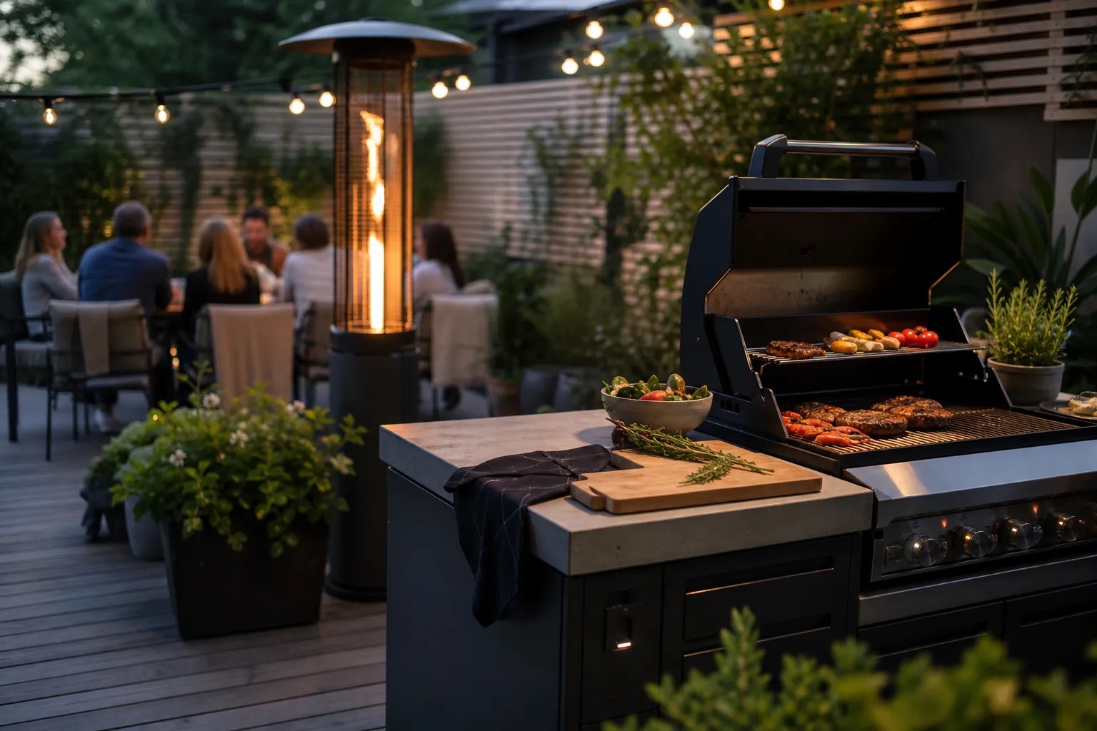 Uteplats med gasolgrill, utekök i moduler och uteplatsvärmare i kvällsljus