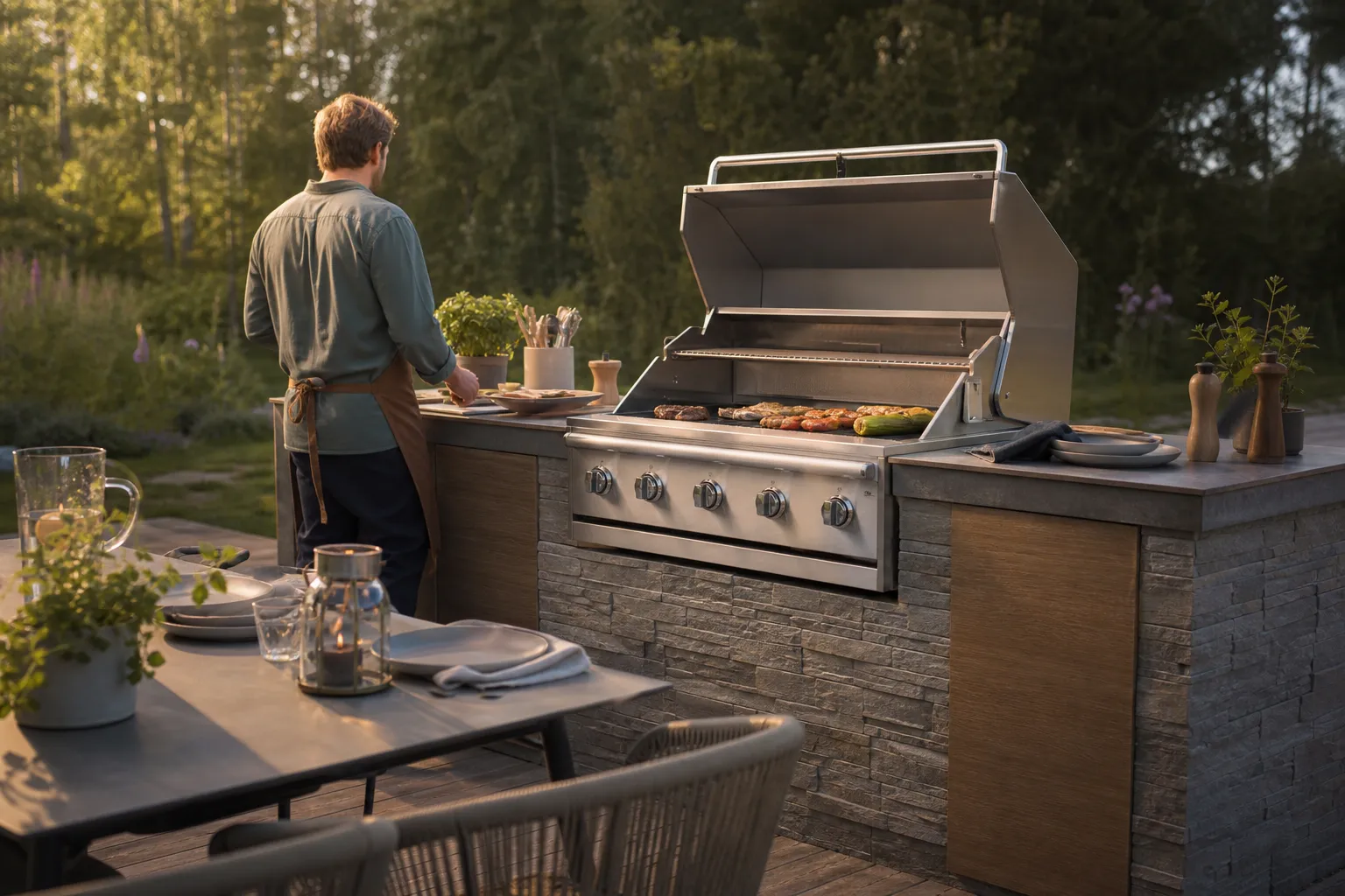 Inbyggnadsgrill monterad i uteköksmodul med urtag anpassat efter grillen