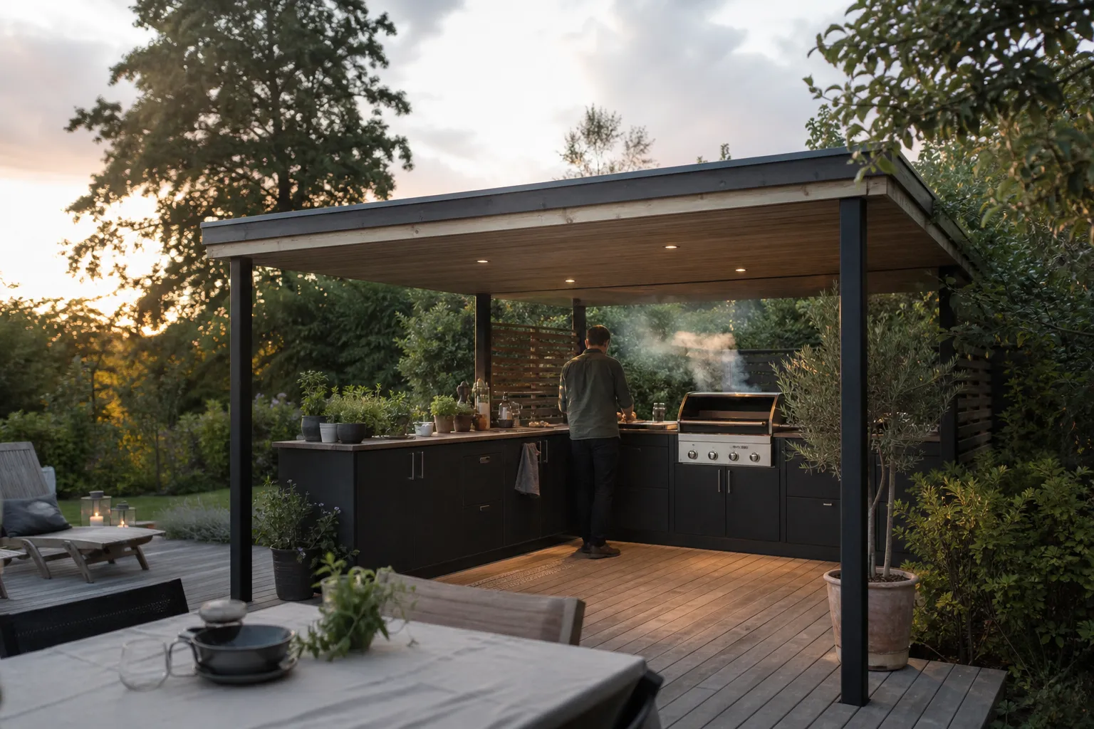 Utekök med tak som väderskydd över grill och arbetsyta