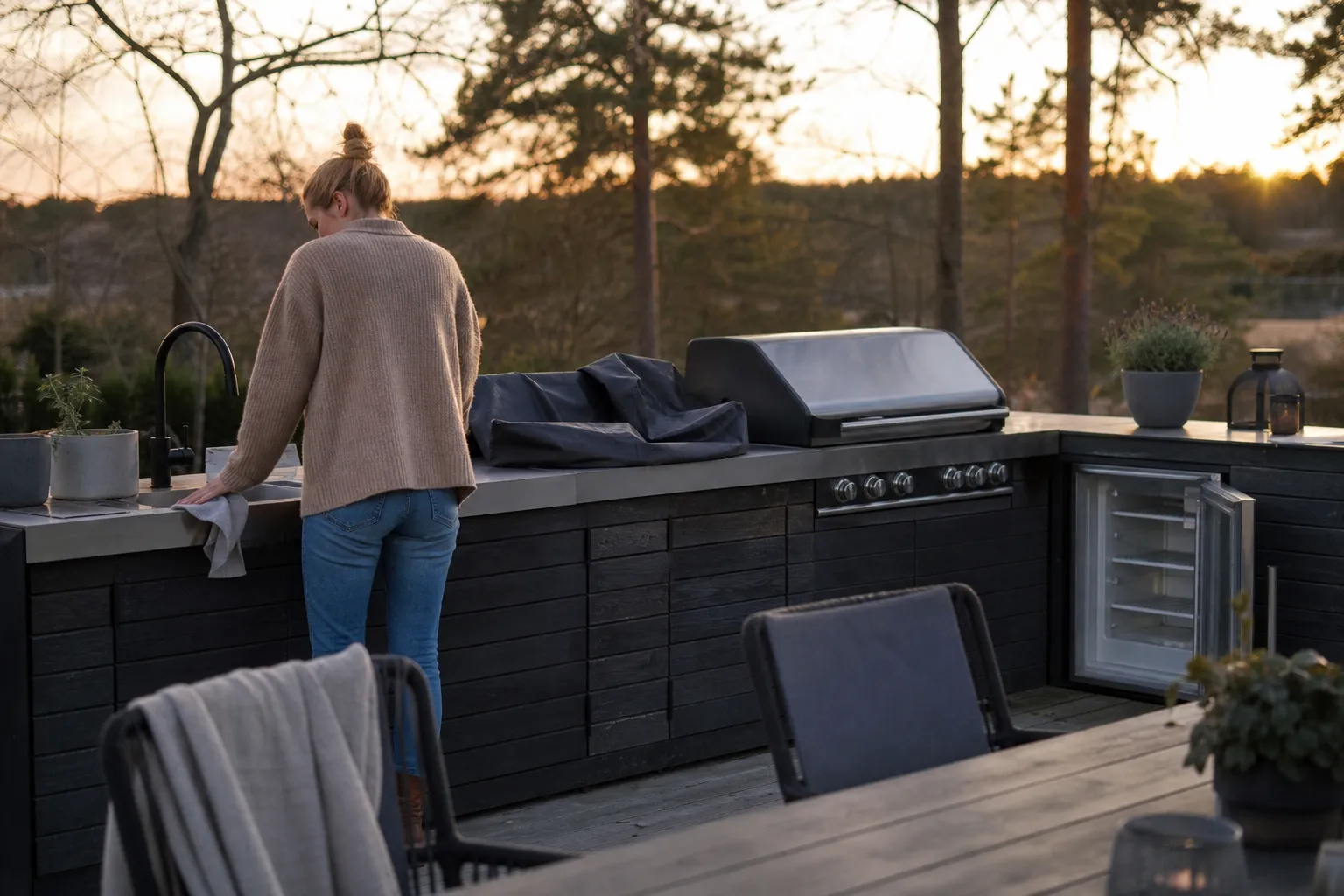 Utekök övertäckt inför vintersäsongen med grill och moduler skyddade