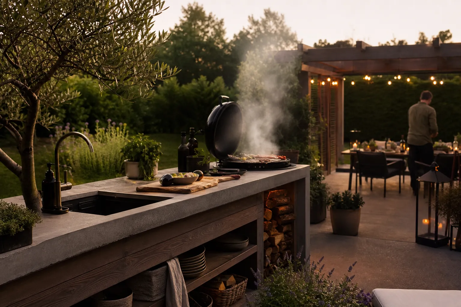 Utekök med rostfria moduler, grill och arbetsyta på uteplats