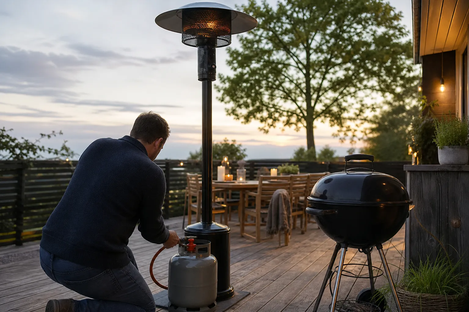 Terrassvärmare kontrolleras innan tändning på uteplats