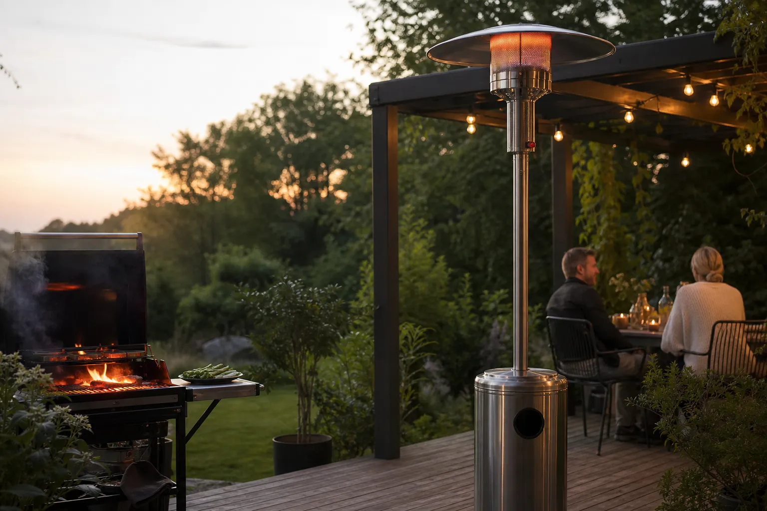 Gasoldriven terrassvärmare med pelarform på uteplats