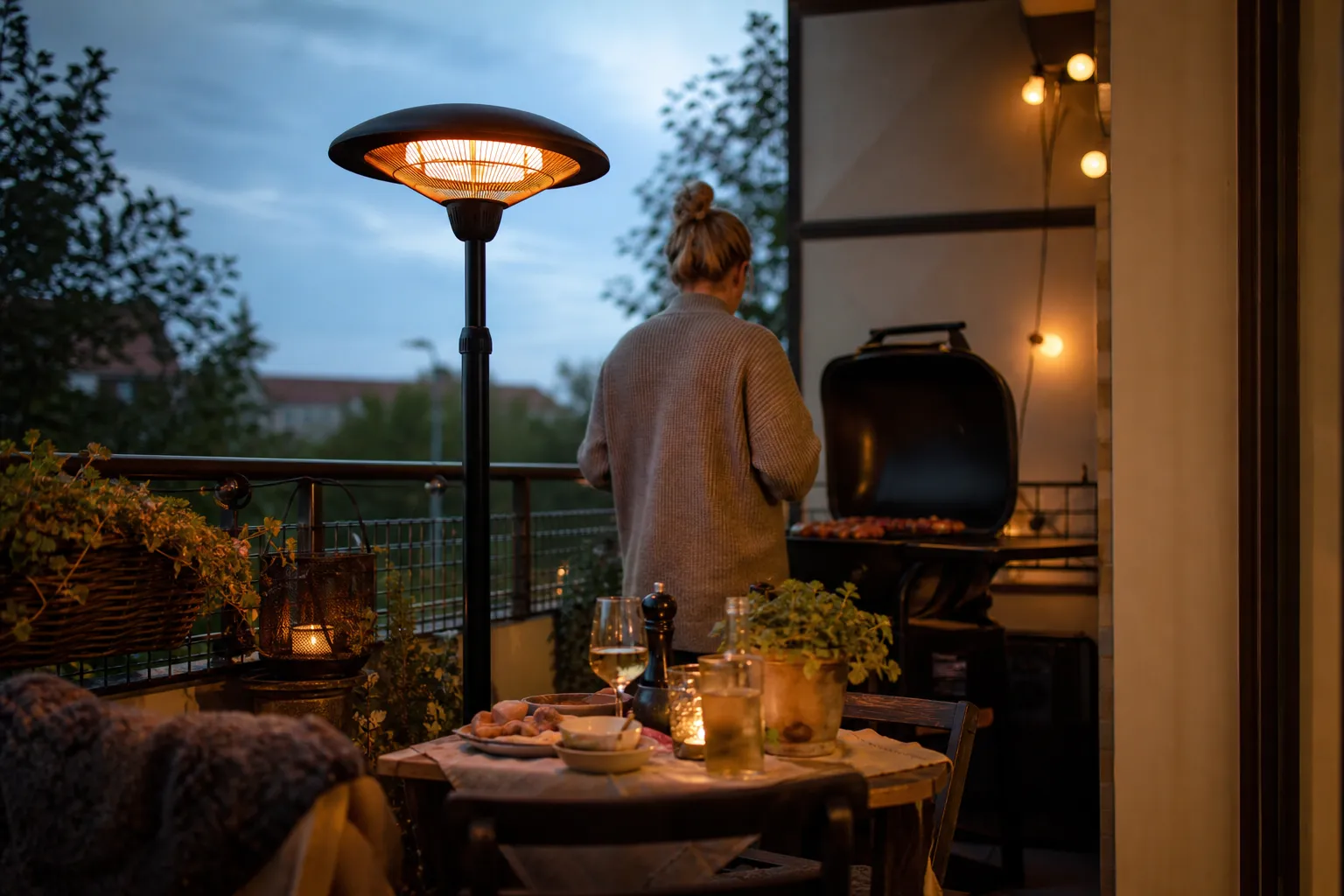 Kompakt infravärmare på en balkong med sittplats